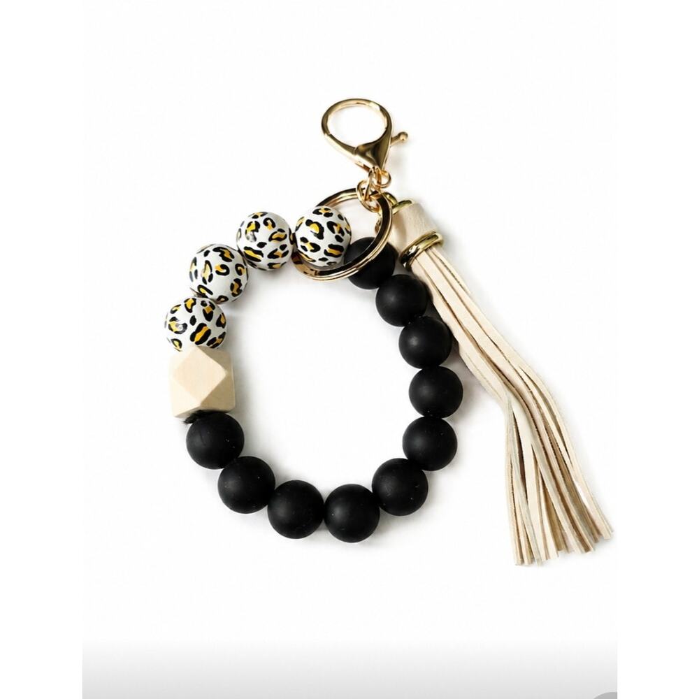 Silicone Black Leopard Beaded Wristlet Bag Charm New